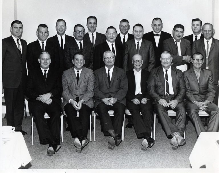 1939 Lubbock State Champion Football Team reunion group of men in suits posed in two rows