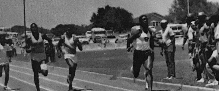 1962 Dunbar High School State Champion Boys Track Teams: sprinters racing toward the finish of the 100-yard dash