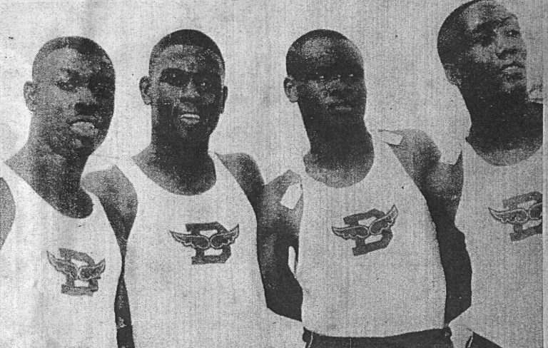1963 Dunbar High School State Champion Boys Track Teams: four Dunbar relay runners in winged D jerseys, from a newspaper