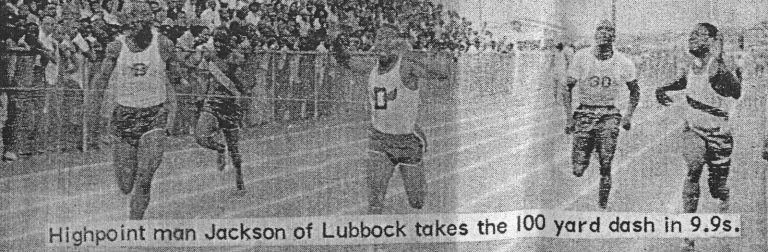 1963 Dunbar High School State Champion Boys Track Teams: Jackson of Lubbock winning the 100-yard dash, newspaper photo