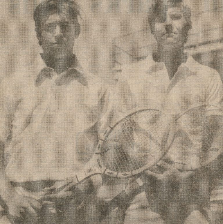 1975 Coronado 4A State Champion Boys Doubles Tennis Team: Doug Davis and Charles Key with rackets, from a newspaper