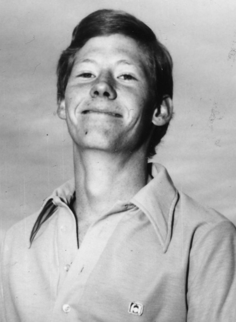 1975 Coronado 4A State Champion Boys Doubles Tennis Team member Charles Key, black-and-white portrait