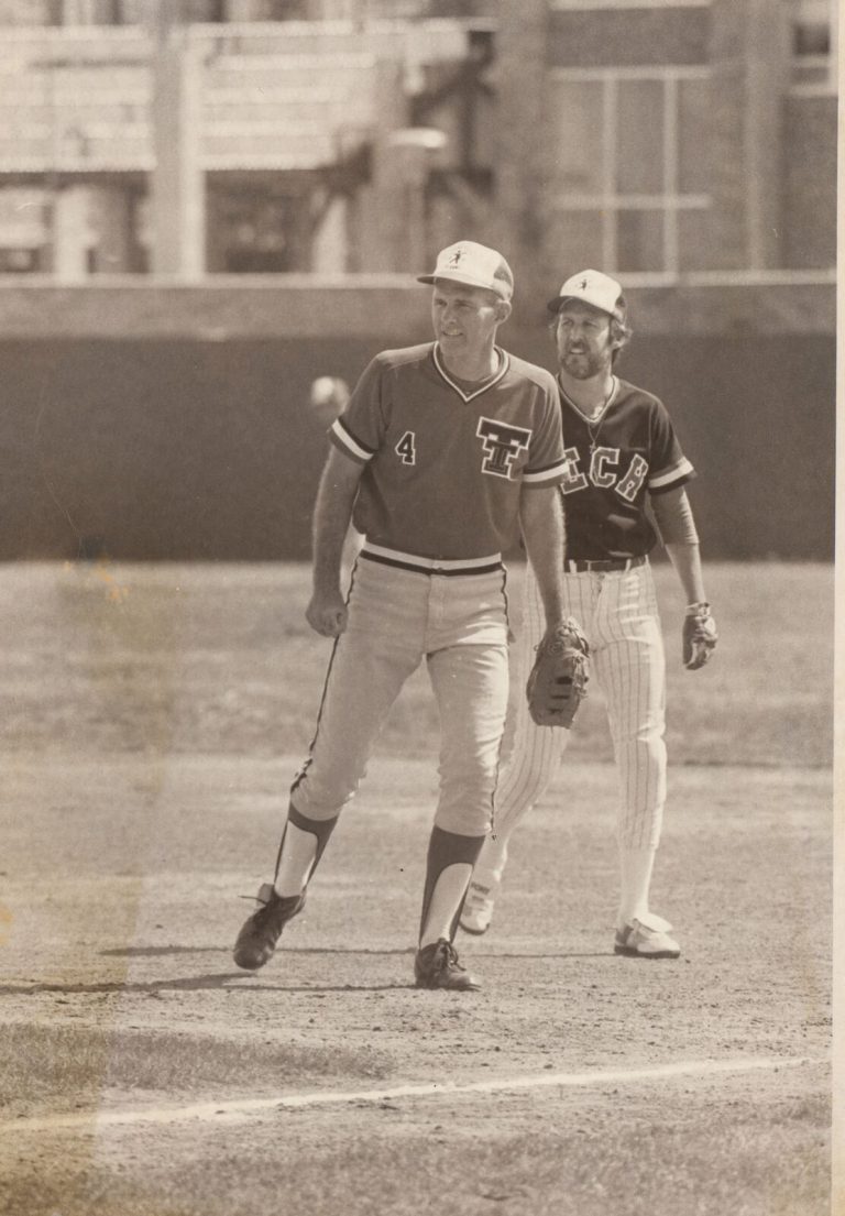 Two ballplayers in Texas Tech jerseys on an infield, vintage sepia photo from Bill Dean's photos