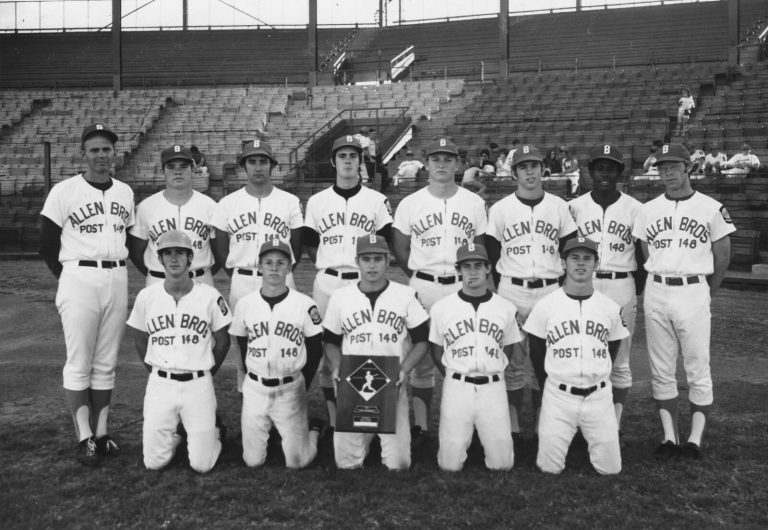 Allen Bros Post 148 baseball team posed in front of grandstand seats, black-and-white photo from Bill Dean's photos