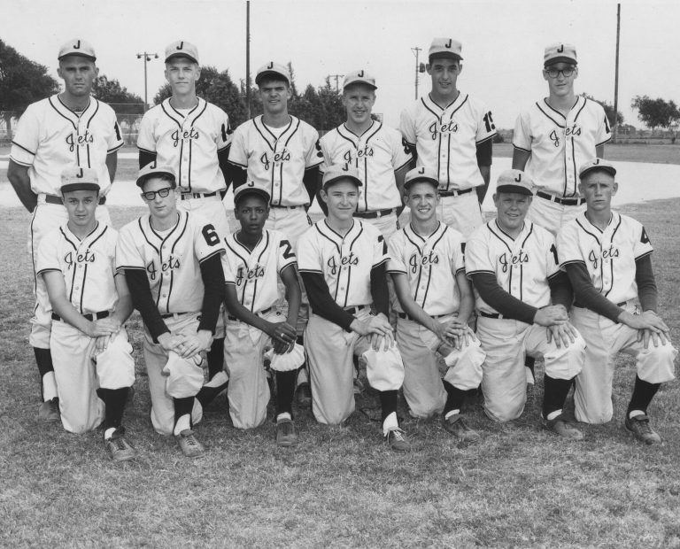 Jets baseball team posed in two rows on a field, black-and-white team photo from Bill Dean's photos