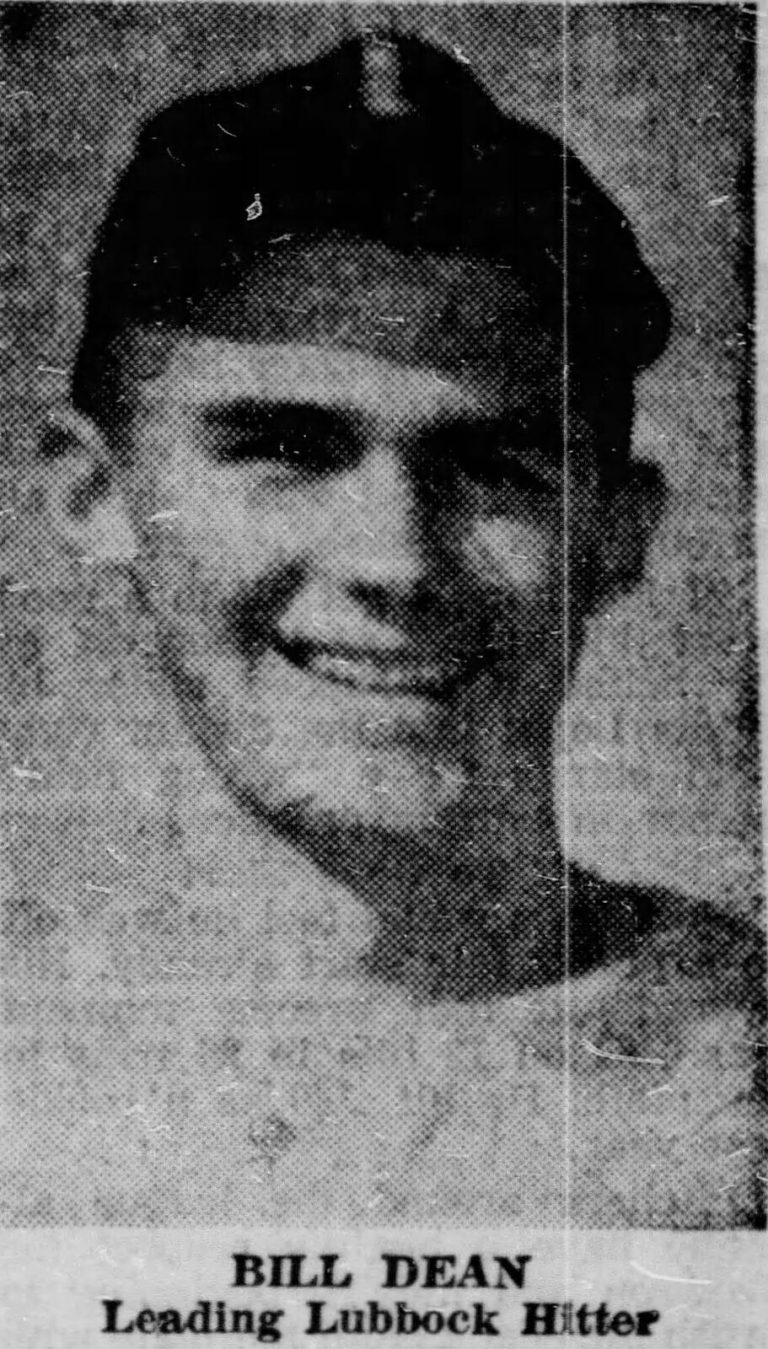 Bill Dean in a baseball cap, from a 1955 newspaper clipping captioned Leading Lubbock Hitter