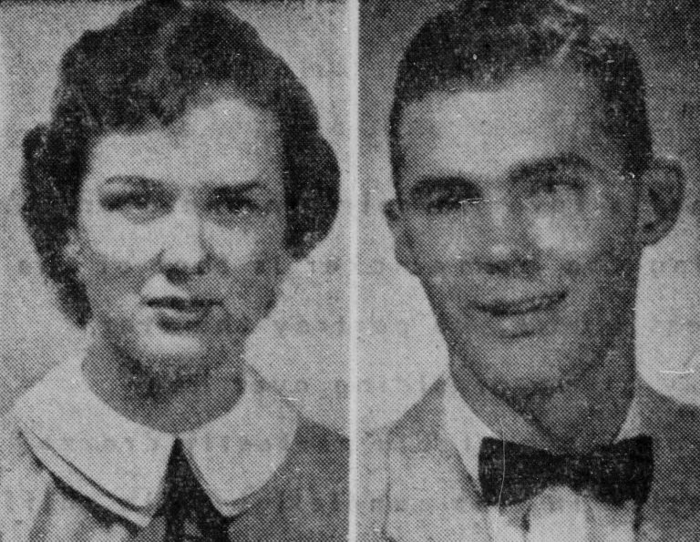 Bill Dean, right, in a bow tie beside scholarship winner Leona Spradling, from a 1956 Avalanche-Journal clipping