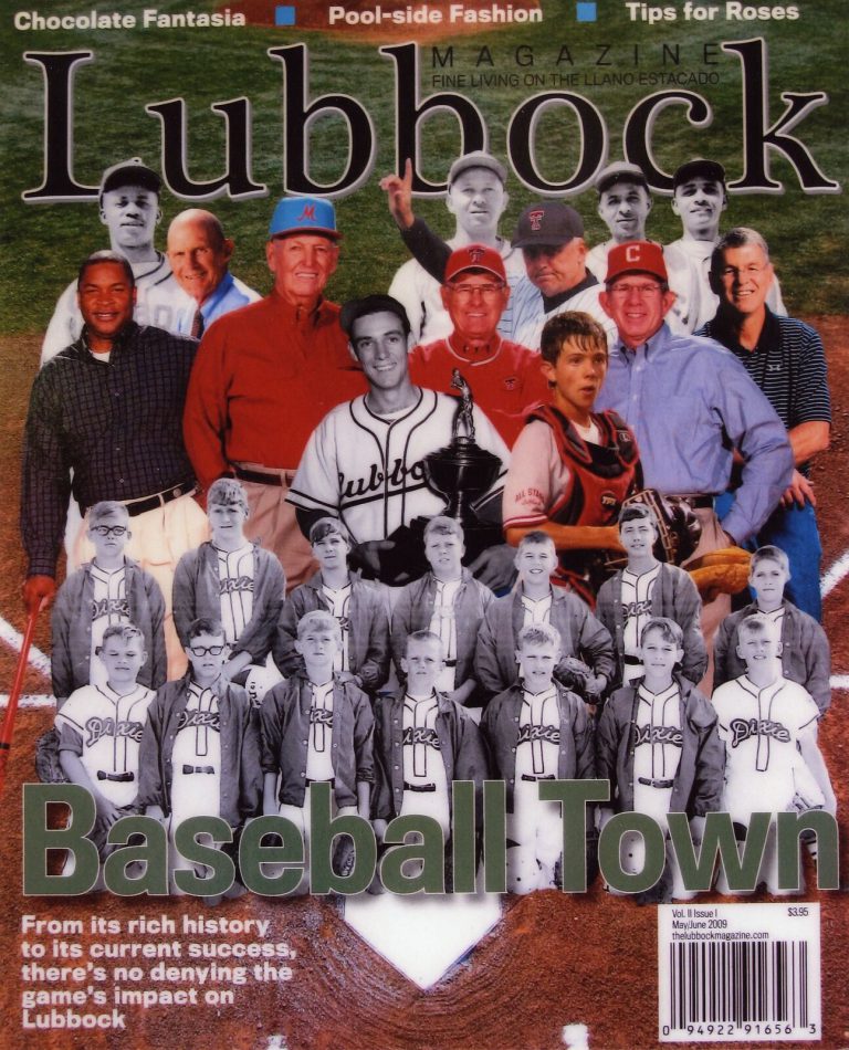 Lubbock magazine Baseball Town cover with a man in a light blue M cap, from Bobby Moegle's collection