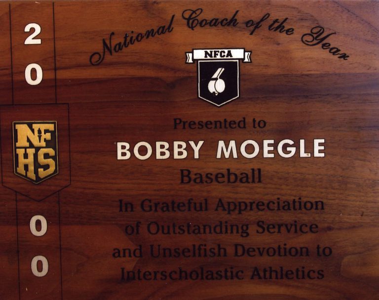 Bobby Moegle's National Coach of the Year plaque from the NFHS and NFCA, dated 2000