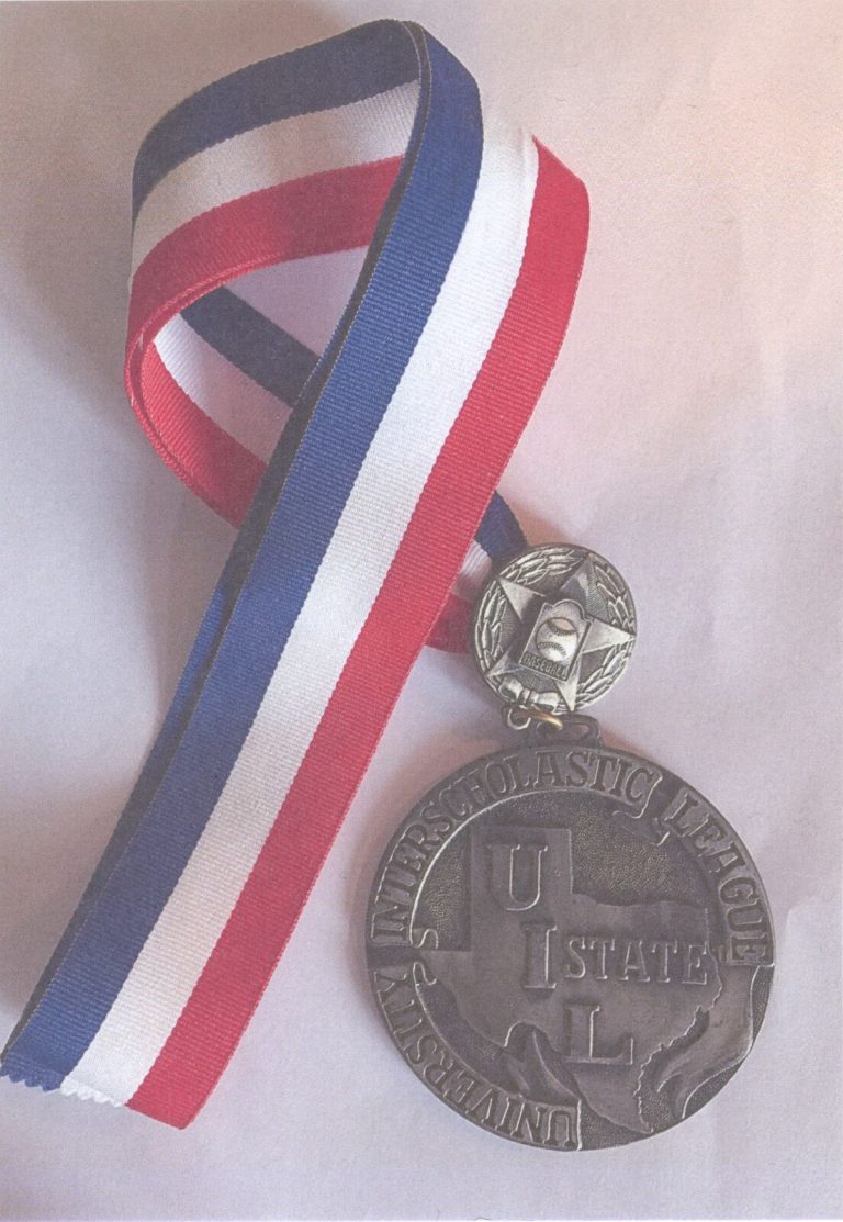Brad Ralston's UIL state baseball medal with a red, white and blue ribbon