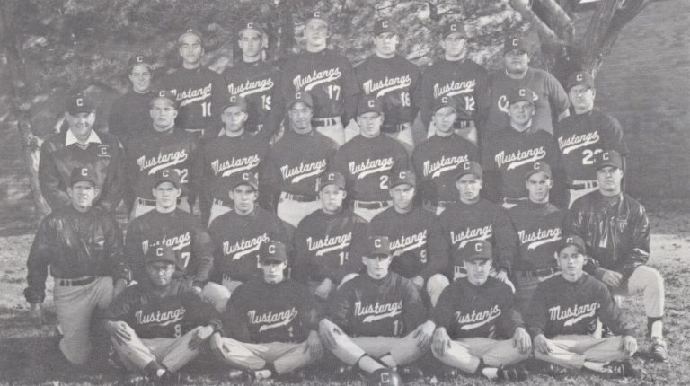 Cal Lowry with the Coronado Mustangs baseball team in a black-and-white team photo