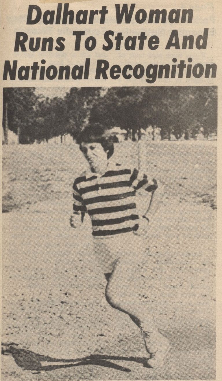 Caylene Caddell running in a striped shirt, under the headline Dalhart Woman Runs To State And National Recognition