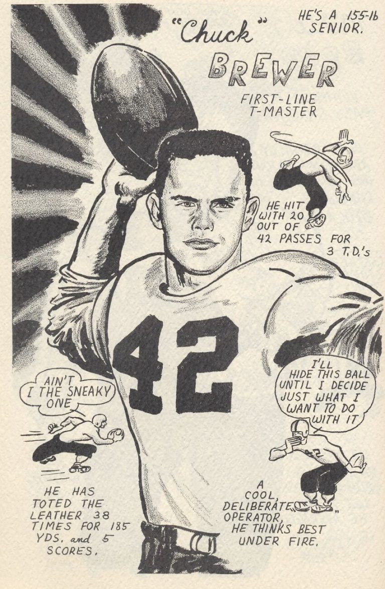 Charles Brewer in a cartoon drawing titled Chuck Brewer, First-Line T-Master, winding up to throw a football