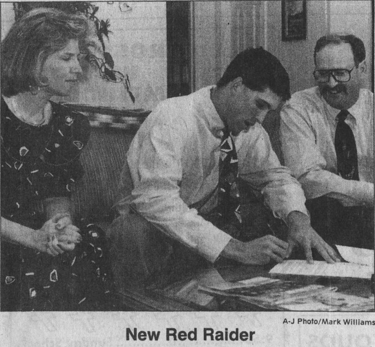 Clint Bryant signing a Texas Tech national letter of intent beside parents Janis and Fred, from a newspaper clipping