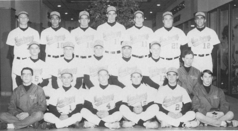 Clint Bryant and the Monterey varsity baseball team posed in three rows in a black-and-white team photo
