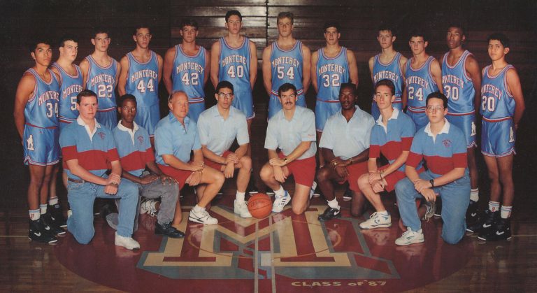 Clint Bryant with the Monterey basketball team and coaches posed on the gym floor in light blue jerseys