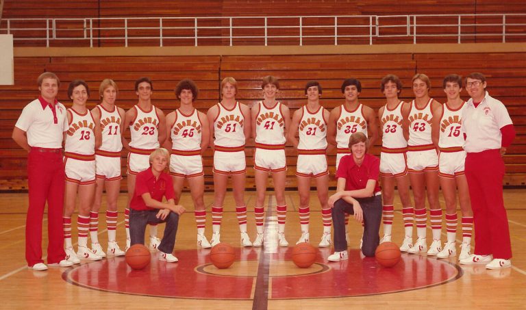 David Thetford, at far left, with a Coronado basketball team posed at center court