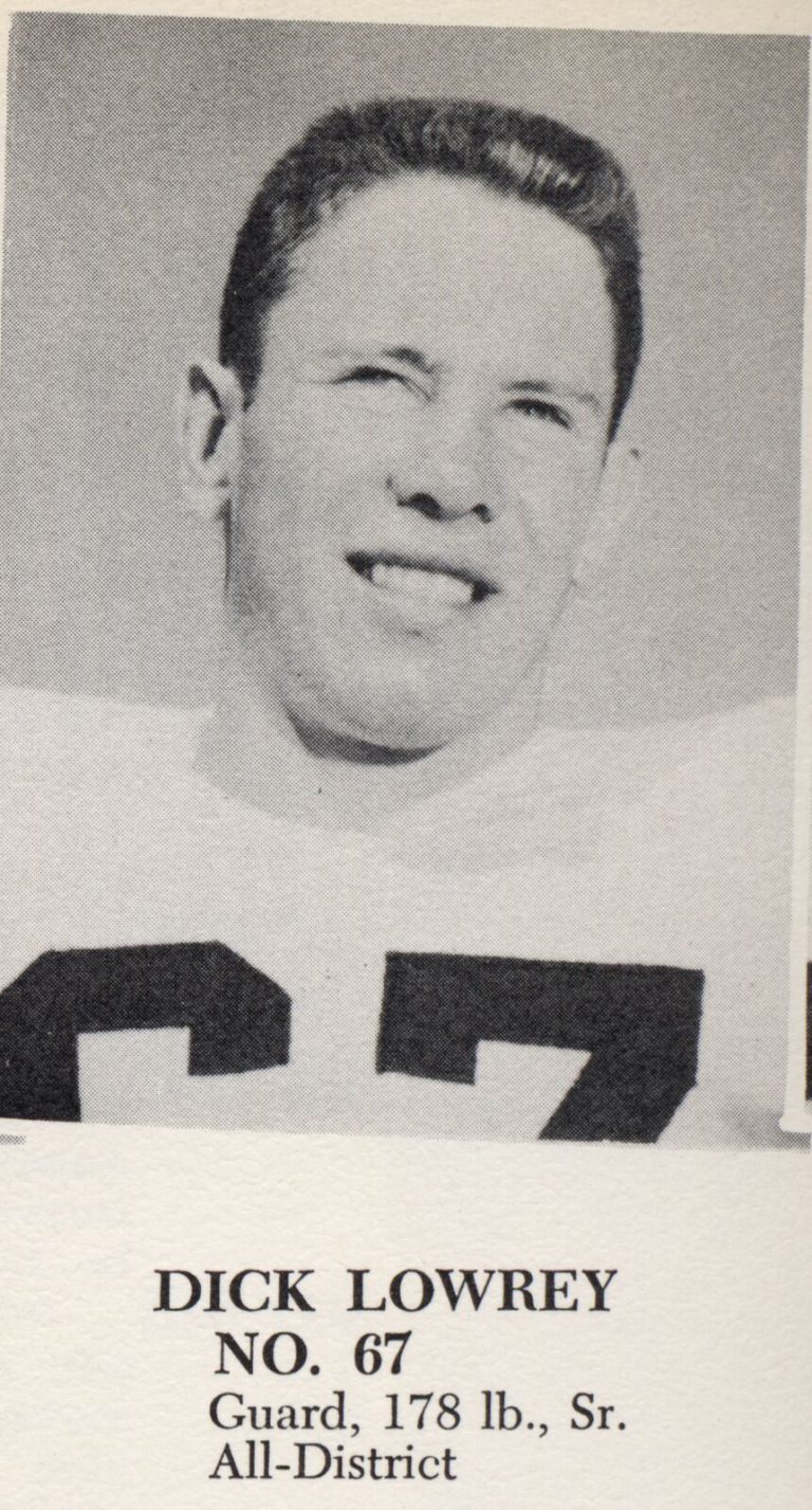 Dick Lowrey, No. 67, guard, yearbook portrait with name caption