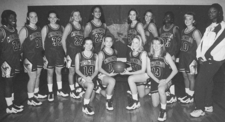 Coronado Lady Mustangs basketball team posed with a ball, from a page featuring Erika Valek