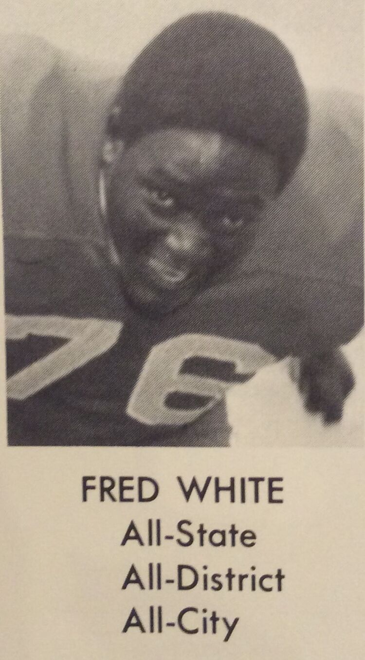 Fred White in a yearbook portrait captioned All-State, All-District, All-City