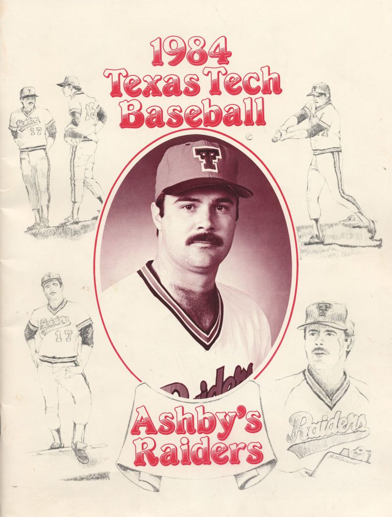 Gary Ashby pictured on the cover of the 1984 Texas Tech Baseball media guide, titled Ashby's Raiders