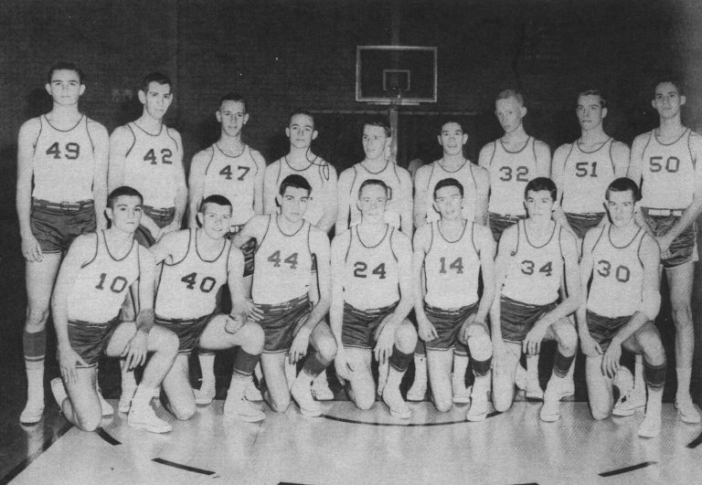 Gerald Myers' 1962 Monterey Plainsmen basketball team posed in two rows, black-and-white yearbook team photo