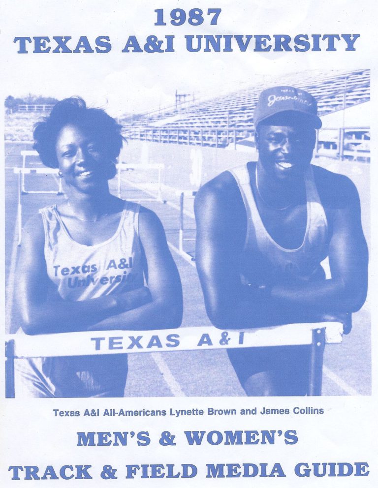 James Collins and Lynette Brown leaning on a hurdle on the 1987 Texas A&I track and field media guide cover