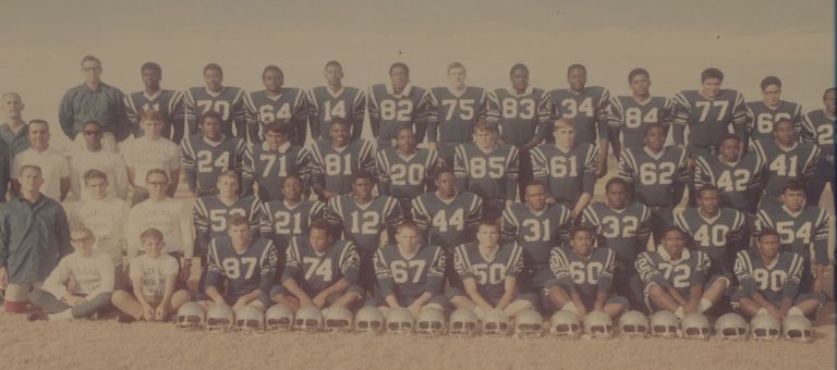 James Mosley's 1968 Estacado Matadors state champion football team posed in rows, vintage color team photo