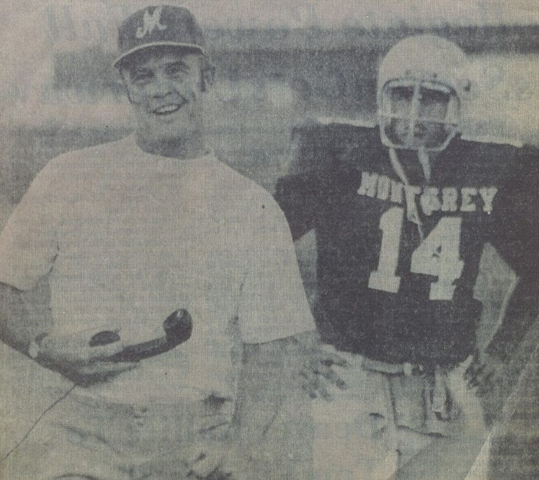 Monterey coach James Odom, phone in hand, beside quarterback Ron Reeves, number 14, from a 1976 newspaper