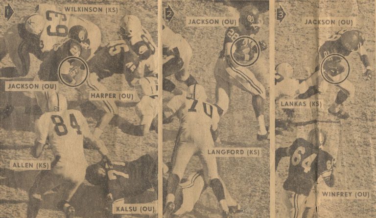 James Ray Jackson, labeled Jackson (OU), in a newspaper photo sequence of a run against Kansas State