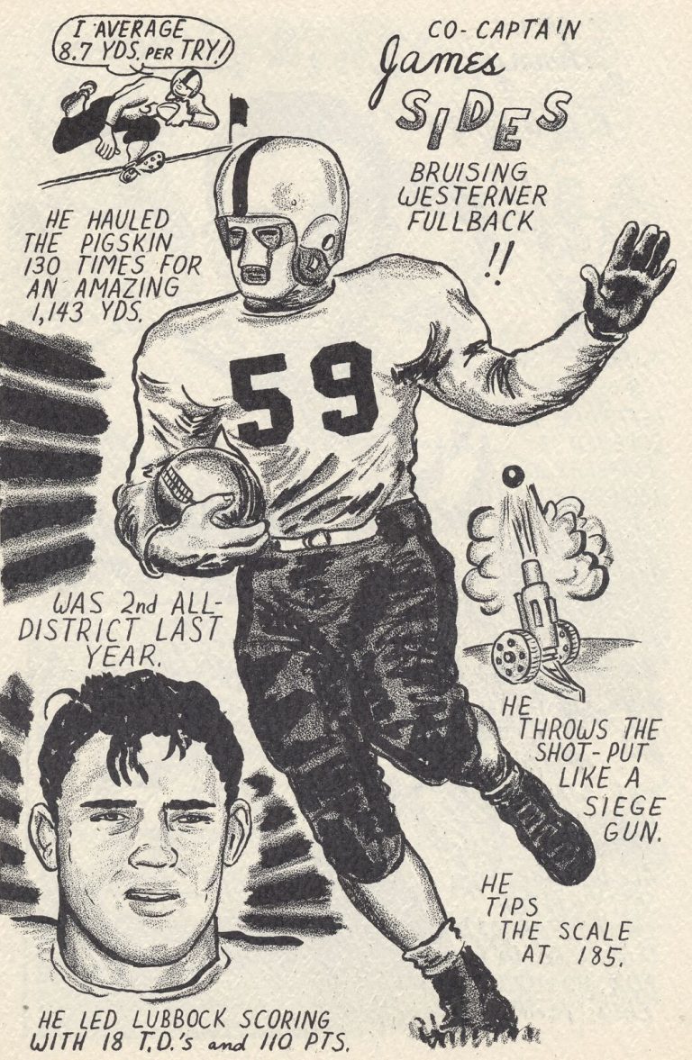 Cartoon of James Sides, co-captain and bruising Westerner fullback, running with the ball in a No. 59 jersey