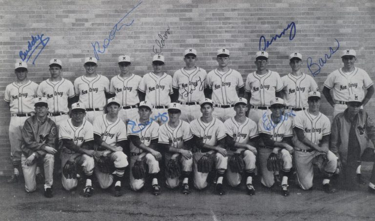 Jerry Haggard with the Monterey Plainsmen baseball team in a yearbook team photo signed by teammates, black and white