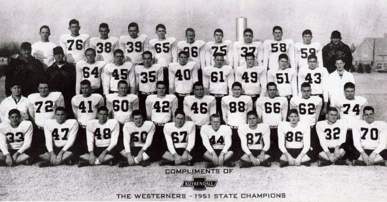 Jimmy Gafford with the 1951 Westerners State Champions football team, team photo