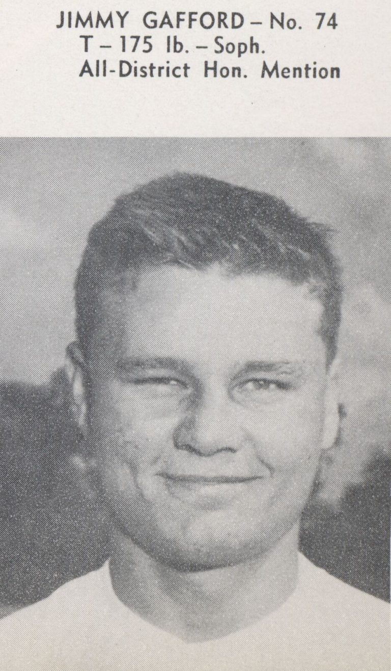 Jimmy Gafford, No. 74, smiling in a black-and-white portrait captioned All-District Hon. Mention