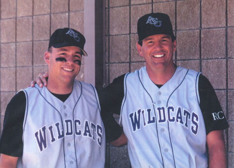 Jimmy Shankle, head coach, right, with player Jason Williams in Abilene Christian Wildcats jerseys, April 1996