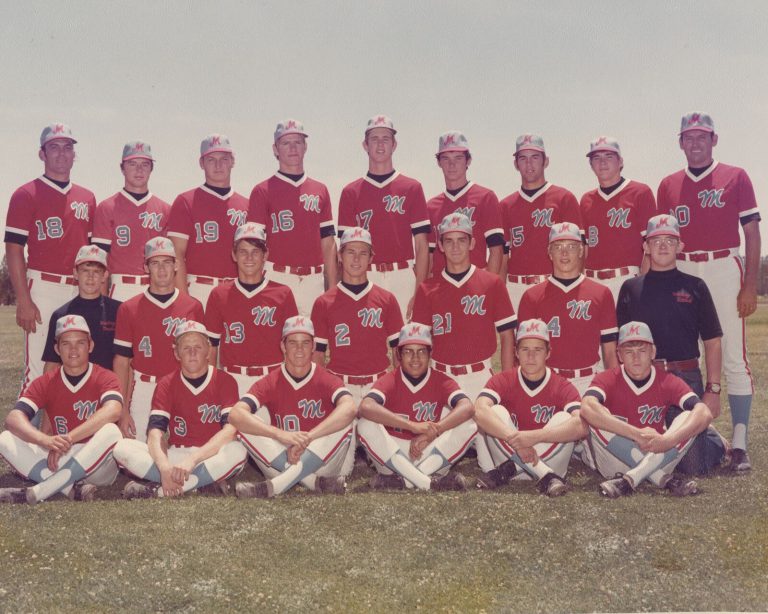 Baseball team in red uniforms with M logos on the caps, color team photo from the Jimmy Shankle collection