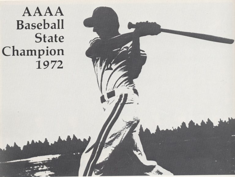 Jimmy Shankle's Monterey baseball team: yearbook graphic of a batter in silhouette, AAAA Baseball State Champion 1972