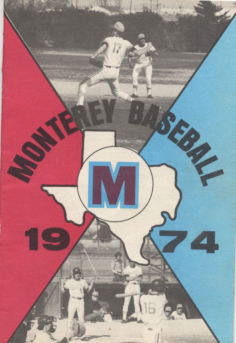 Monterey Baseball 1974 program cover with pitching and batting photos, from the Jimmy Shankle collection