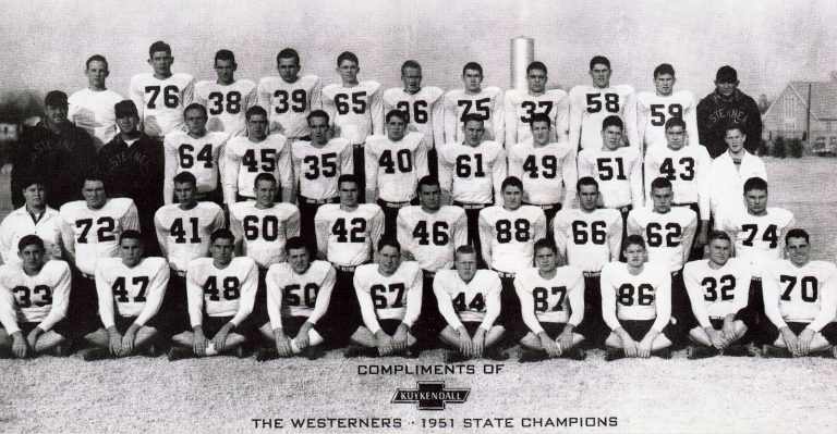 Jimmy Welch with the 1951 Westerners State Champions football team, team photo