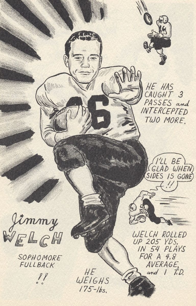 Cartoon of Jimmy Welch, sophomore fullback, in a No. 46 jersey carrying the ball