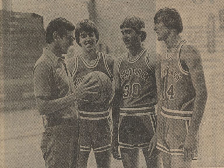 Monterey basketball coach Joe Michalka with seniors Kevin Kirkman, Craig Ehlo and Chuck Perry, from a 1978 newspaper