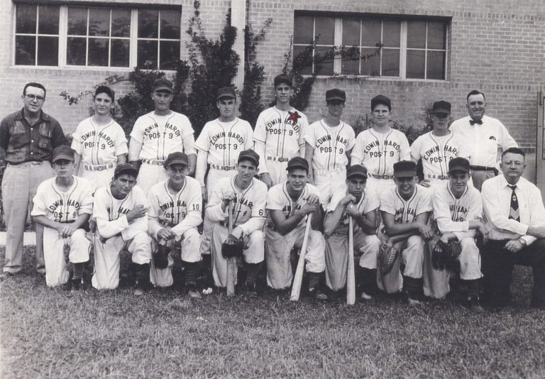 Joe Michalka with teammates and coaches of the Edwin Hardy Post 9 baseball team, senior year 1955