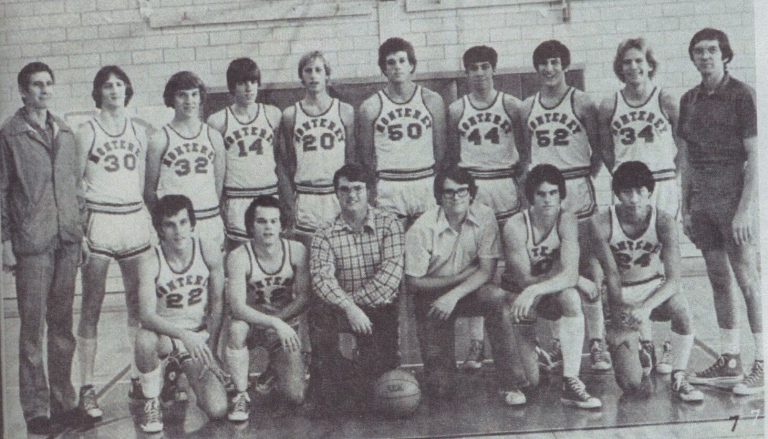 Monterey varsity basketball team, 1976-77, with coach Joe Michalka at far left of the top row