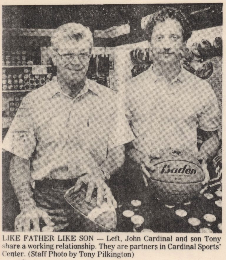 John Cardinal, left, and son Tony at Cardinal Sports Center, from a newspaper clipping titled Like Father Like Son