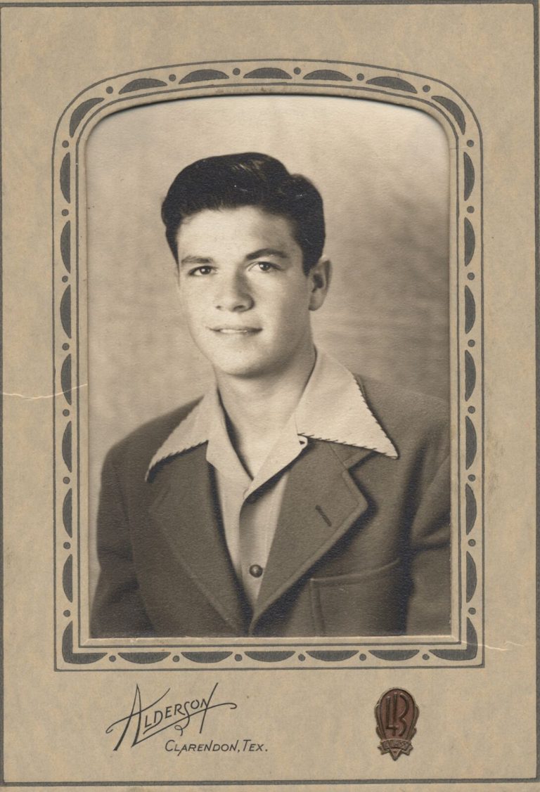 John Cardinal as a young man in a vintage studio portrait from Alderson studio, Clarendon, Texas