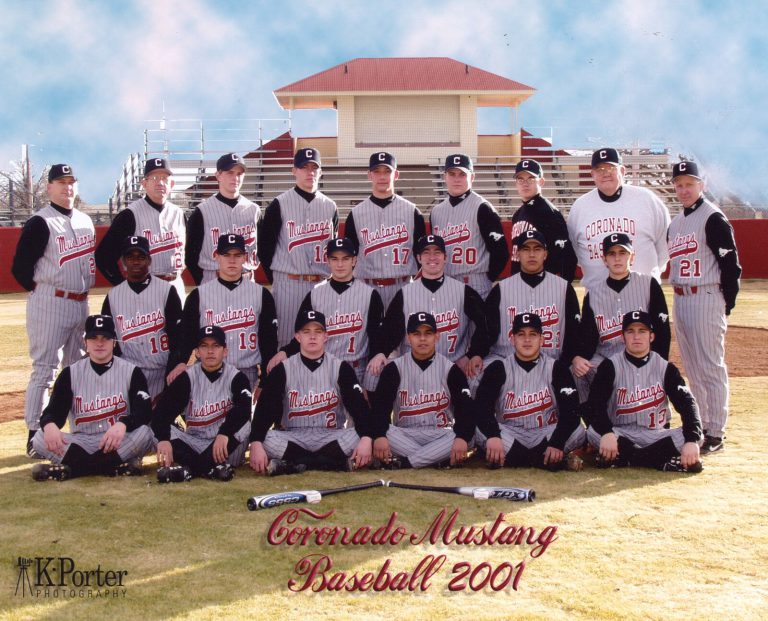 Coronado Mustang Baseball 2001 team posed in rows in front of the grandstand, John Dudley collection