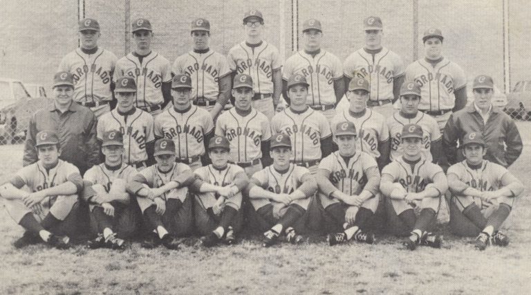 1973 Coronado Mustangs baseball team posed in rows in a black-and-white team photo, John Dudley collection