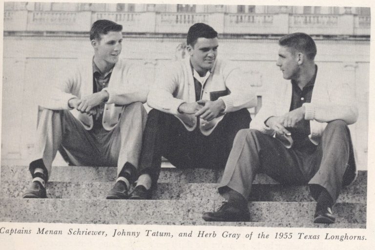 Johnny Tatum seated on stone steps with fellow 1955 Texas Longhorns captains Menan Schriewer and Herb Gray