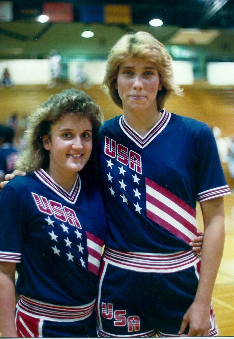 Two USA basketball players in navy stars-and-stripes uniforms posed together, from Kamie Ethridge's collection