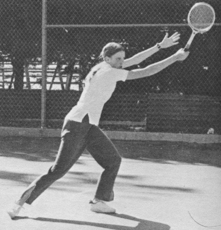Kathy Kuhne Vick lunging for a forehand on a tennis court, black and white